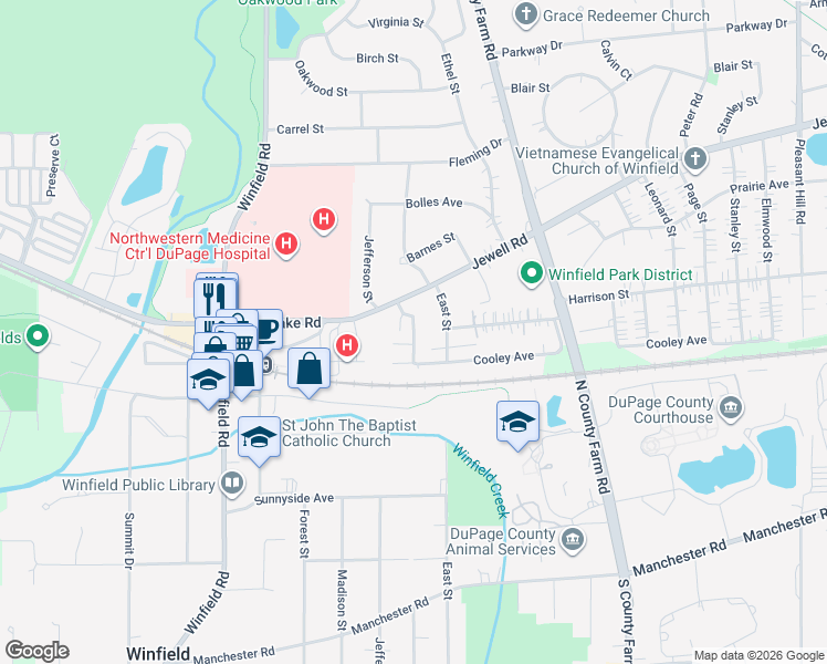 map of restaurants, bars, coffee shops, grocery stores, and more near S029 Robbins Street in Winfield