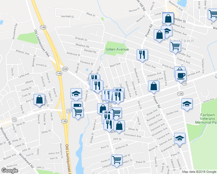map of restaurants, bars, coffee shops, grocery stores, and more near 56 Garfield Street in North Providence
