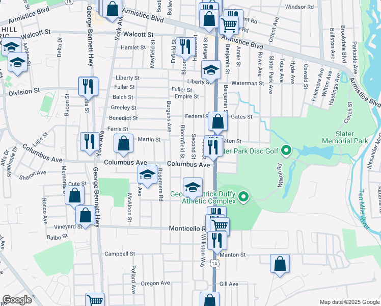 map of restaurants, bars, coffee shops, grocery stores, and more near 149 2nd St in Pawtucket
