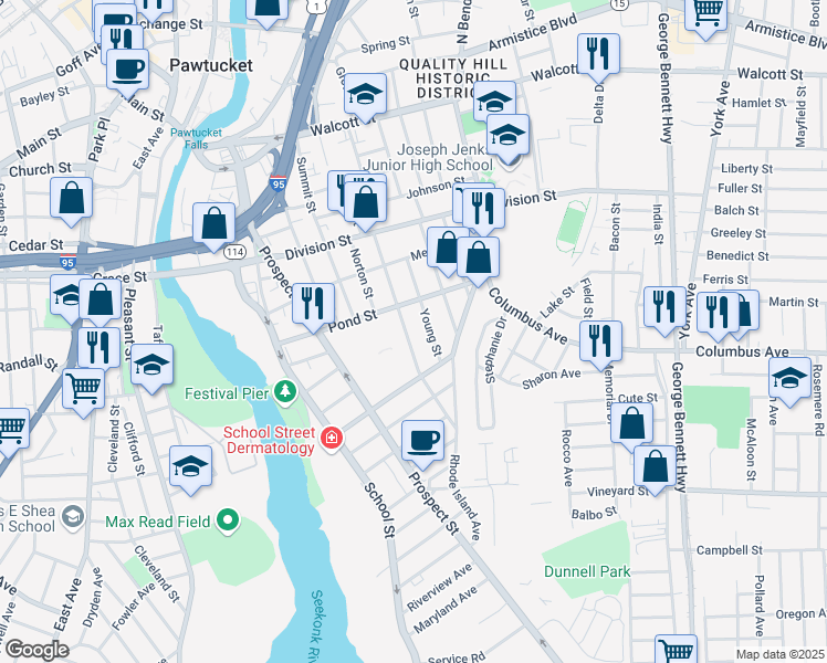map of restaurants, bars, coffee shops, grocery stores, and more near 93 Young Street in Pawtucket