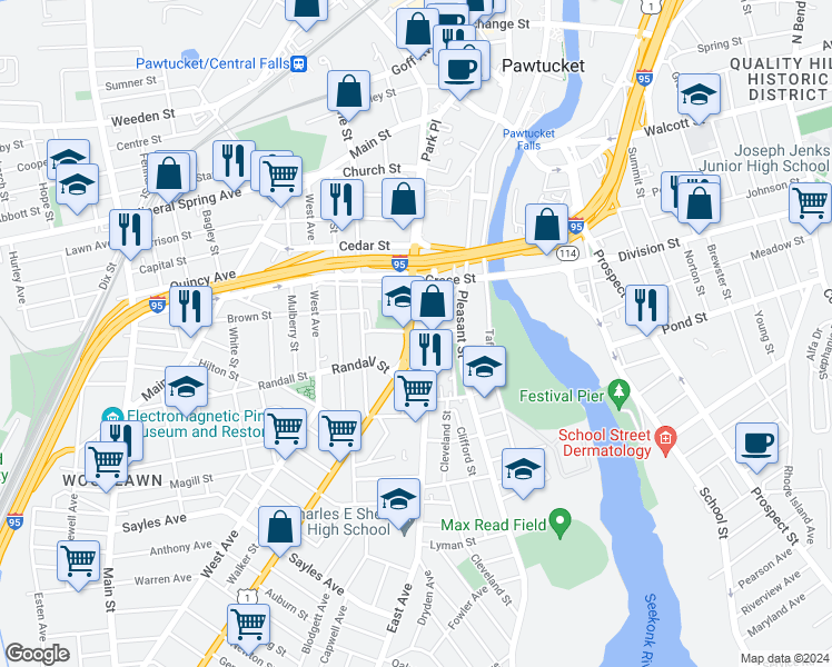map of restaurants, bars, coffee shops, grocery stores, and more near in Pawtucket