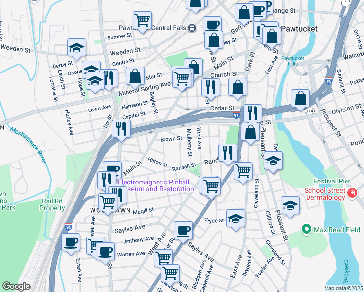 map of restaurants, bars, coffee shops, grocery stores, and more near 147 Mulberry Street in Pawtucket