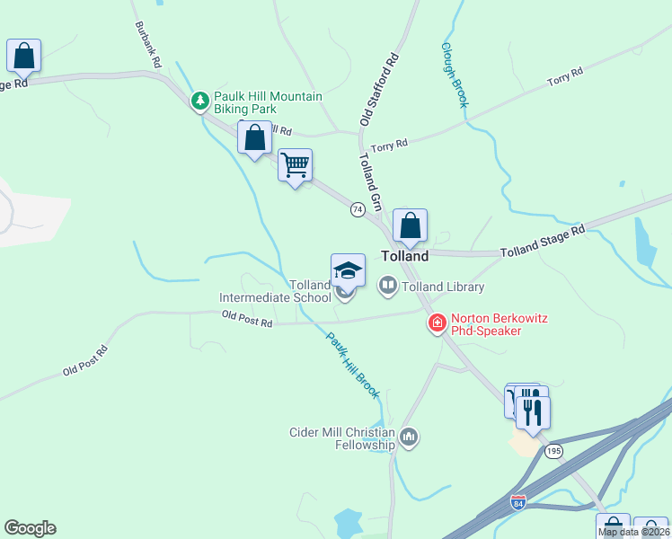 map of restaurants, bars, coffee shops, grocery stores, and more near 104 Old Post Road in Tolland