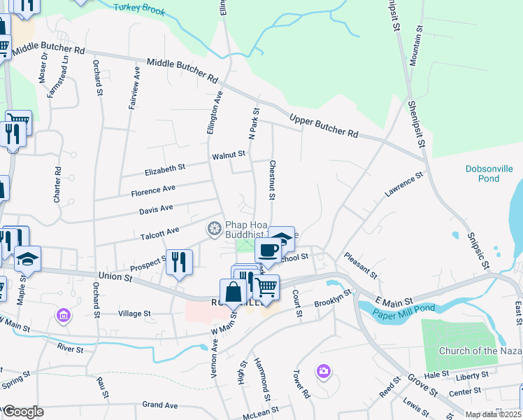 map of restaurants, bars, coffee shops, grocery stores, and more near 9 North Park Street in Vernon