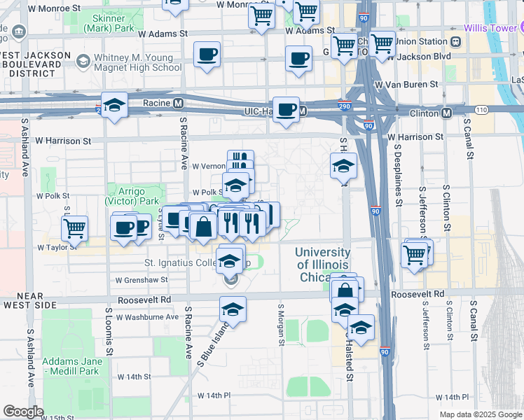 map of restaurants, bars, coffee shops, grocery stores, and more near 828 South Miller Street in Chicago