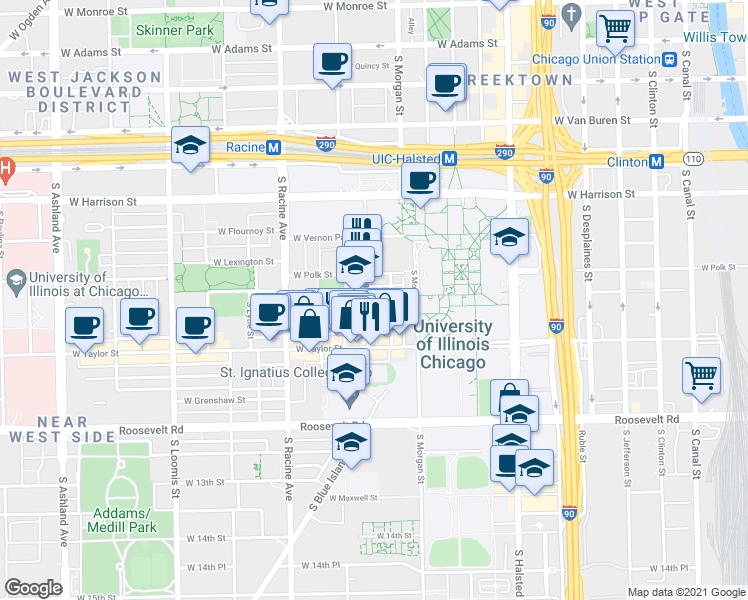 map of restaurants, bars, coffee shops, grocery stores, and more near 828 South Miller Street in Chicago