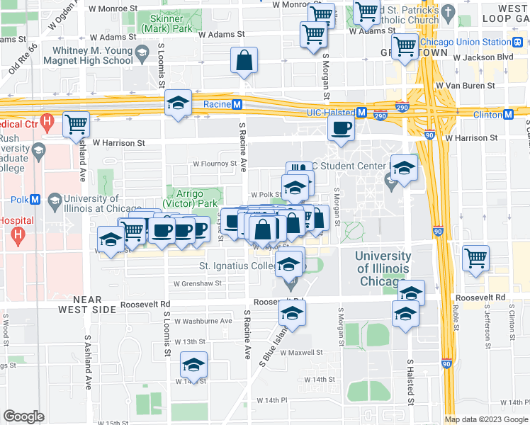 map of restaurants, bars, coffee shops, grocery stores, and more near 826 South May Street in Chicago