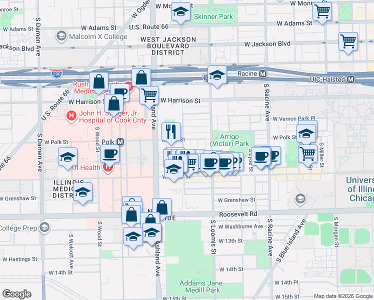 map of restaurants, bars, coffee shops, grocery stores, and more near 814 South Laflin Street in Chicago