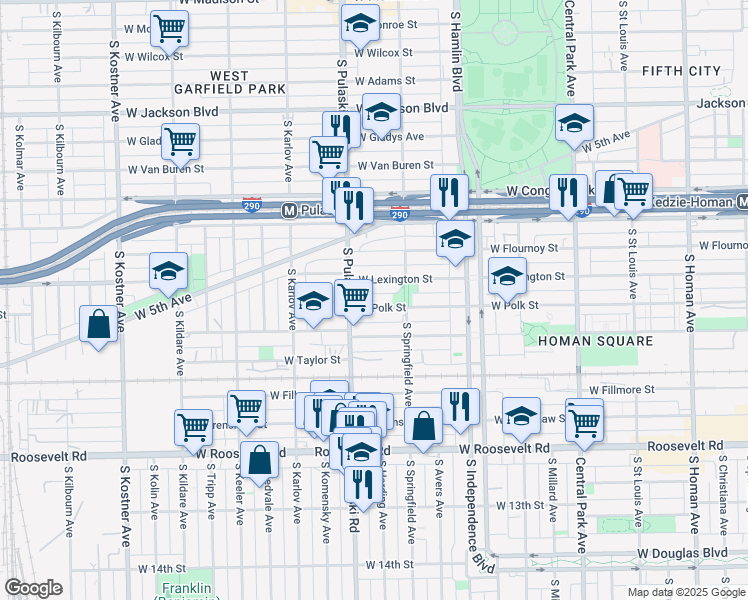 map of restaurants, bars, coffee shops, grocery stores, and more near 3940 West Polk Street in Chicago