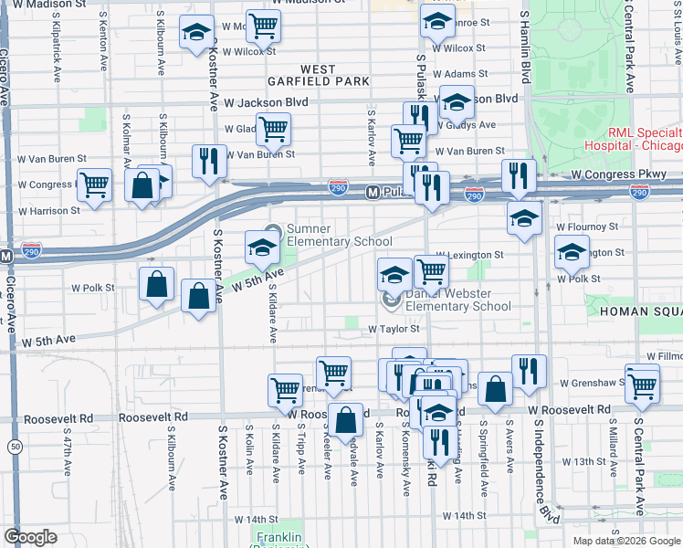 map of restaurants, bars, coffee shops, grocery stores, and more near 752 South Kedvale Avenue in Chicago