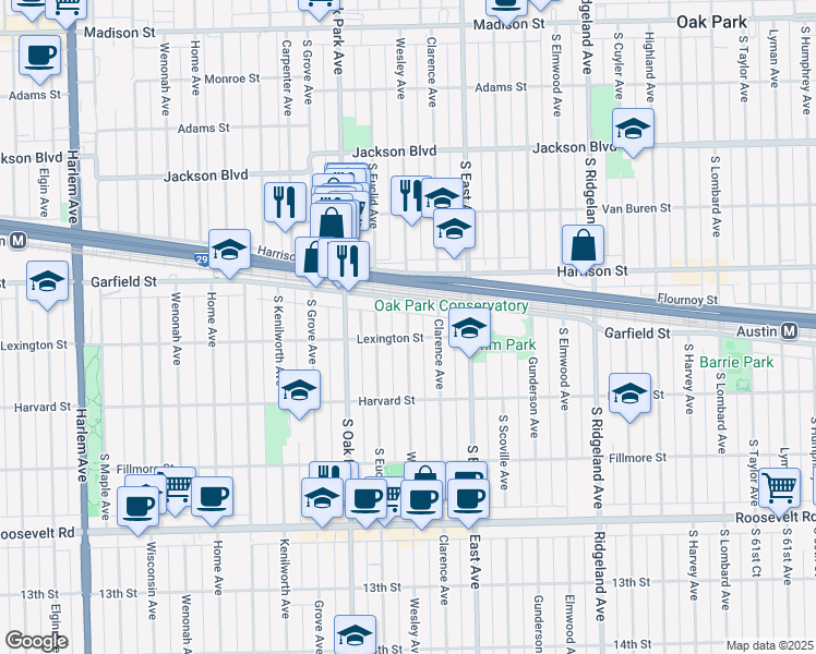 map of restaurants, bars, coffee shops, grocery stores, and more near 943 Wesley Avenue in Oak Park