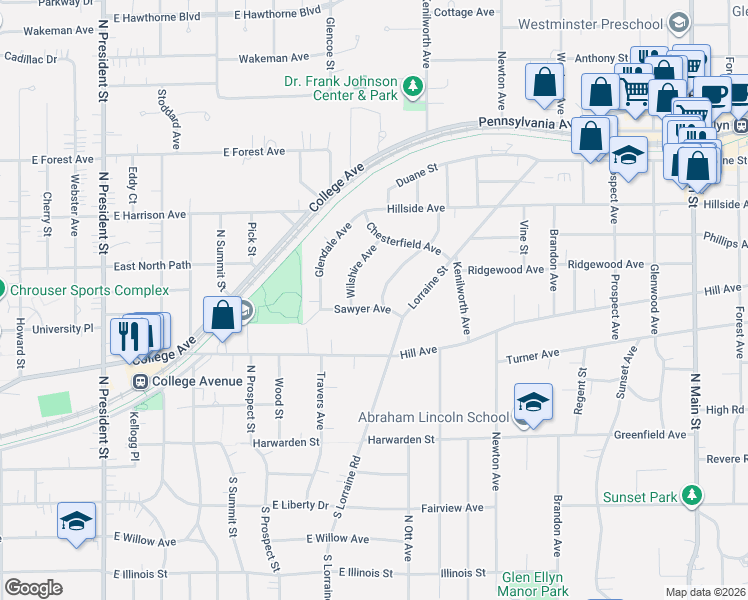 map of restaurants, bars, coffee shops, grocery stores, and more near 320 Windsor Avenue in Glen Ellyn