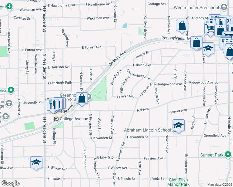 map of restaurants, bars, coffee shops, grocery stores, and more near 520 Wilshire Avenue in Glen Ellyn