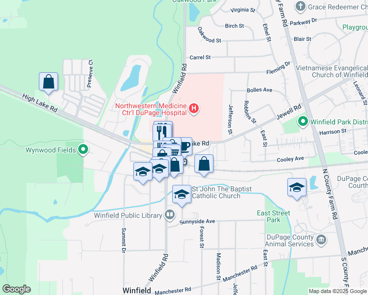 map of restaurants, bars, coffee shops, grocery stores, and more near 33 Church Street in Winfield