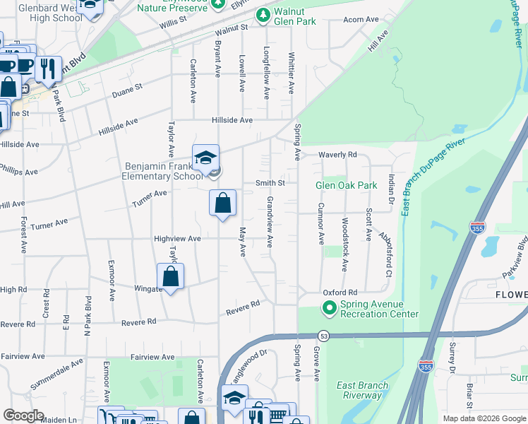 map of restaurants, bars, coffee shops, grocery stores, and more near 314 Grandview Avenue in Glen Ellyn