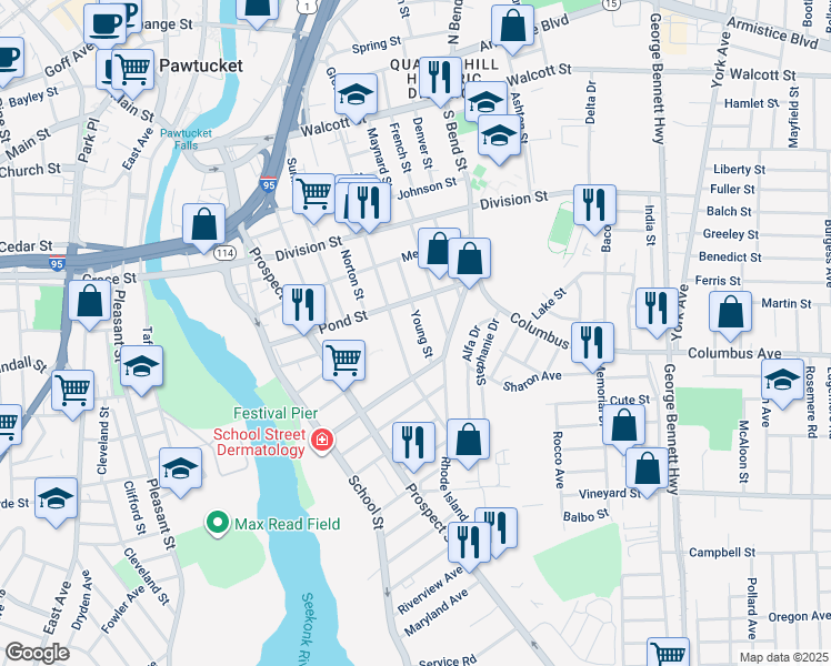 map of restaurants, bars, coffee shops, grocery stores, and more near 93 Young Street in Pawtucket
