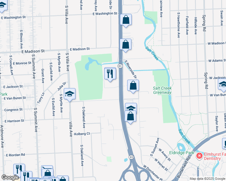 map of restaurants, bars, coffee shops, grocery stores, and more near 650 East Van Buren Street in Villa Park