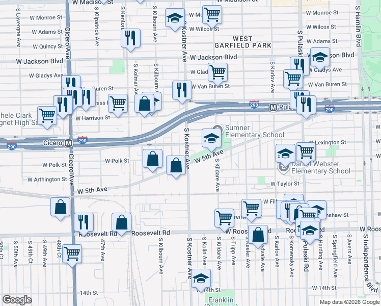 map of restaurants, bars, coffee shops, grocery stores, and more near 749 South Kostner Avenue in Chicago