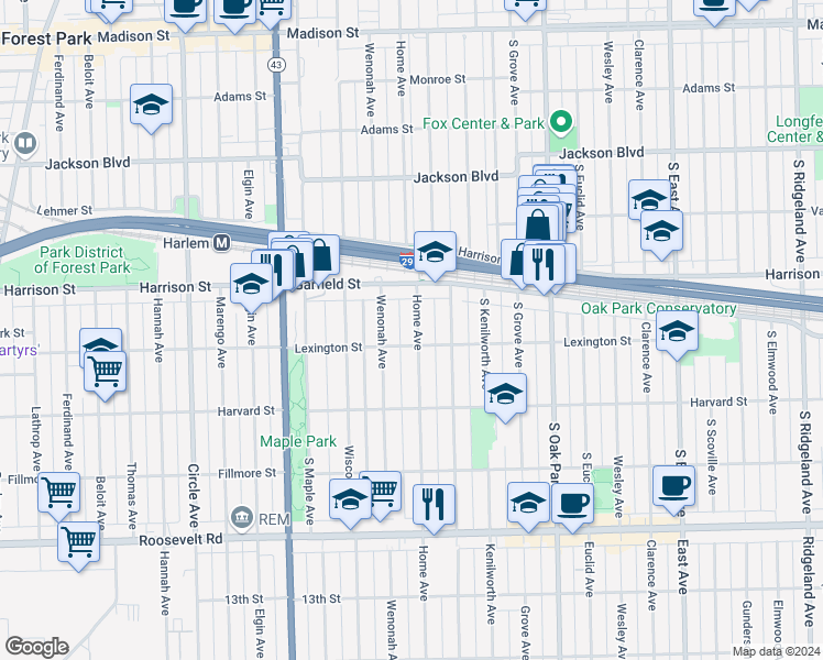 map of restaurants, bars, coffee shops, grocery stores, and more near 937 Home Avenue in Oak Park