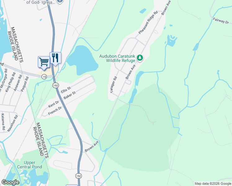 map of restaurants, bars, coffee shops, grocery stores, and more near 5 Tanager Road in Seekonk