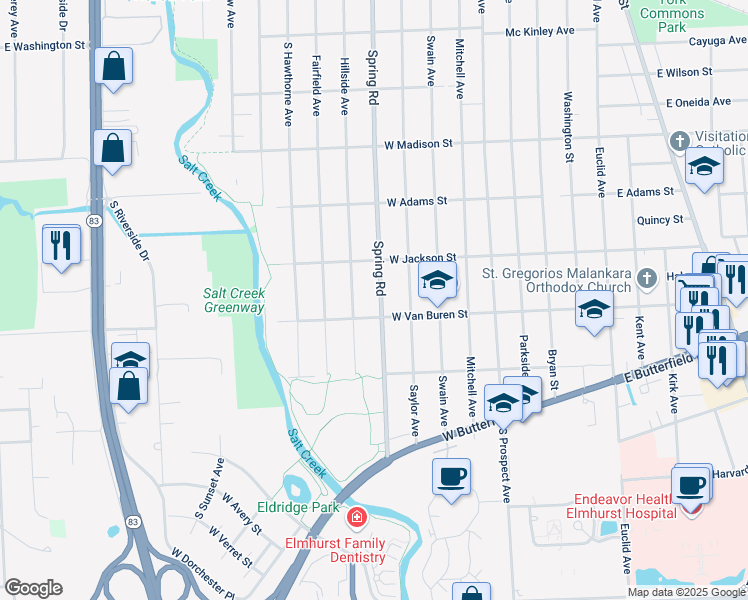 map of restaurants, bars, coffee shops, grocery stores, and more near 920 Spring Road in Elmhurst