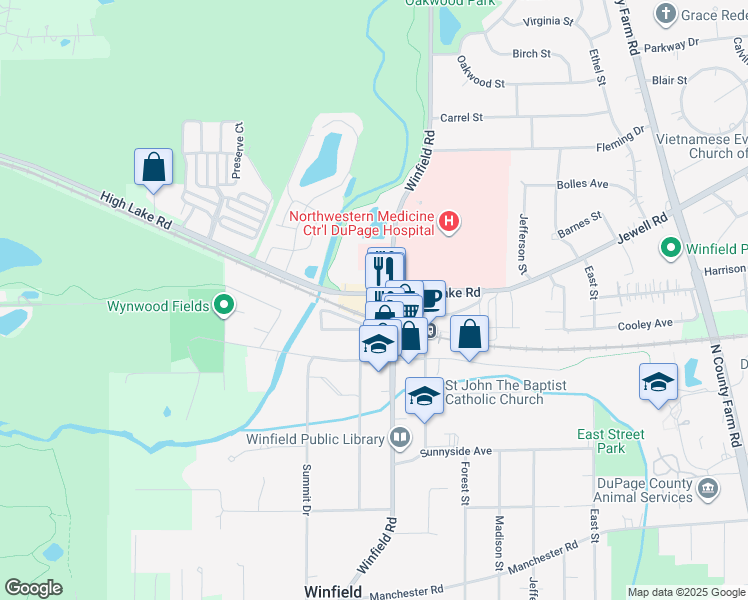 map of restaurants, bars, coffee shops, grocery stores, and more near 27W525 High Lake Road in Winfield