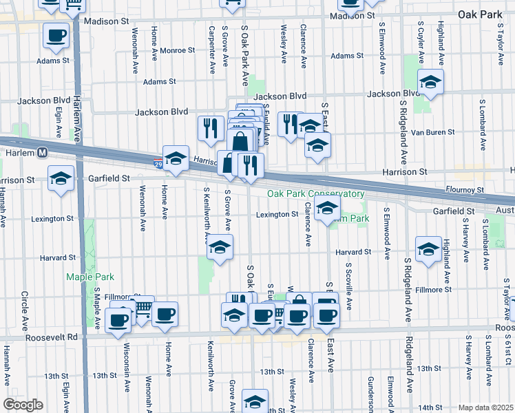 map of restaurants, bars, coffee shops, grocery stores, and more near 952 South Oak Park Avenue in Oak Park