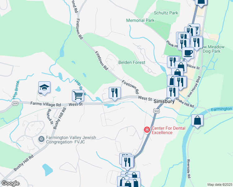 map of restaurants, bars, coffee shops, grocery stores, and more near 9 Old Mill Court in Simsbury