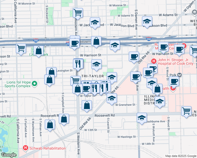 map of restaurants, bars, coffee shops, grocery stores, and more near 808 South Bell Avenue in Chicago