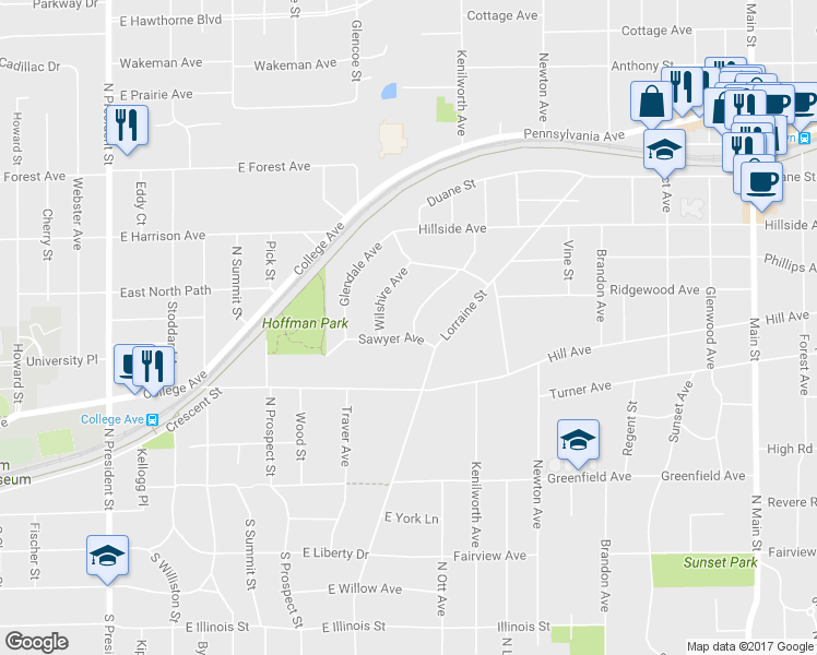 map of restaurants, bars, coffee shops, grocery stores, and more near 320 Windsor Avenue in Glen Ellyn