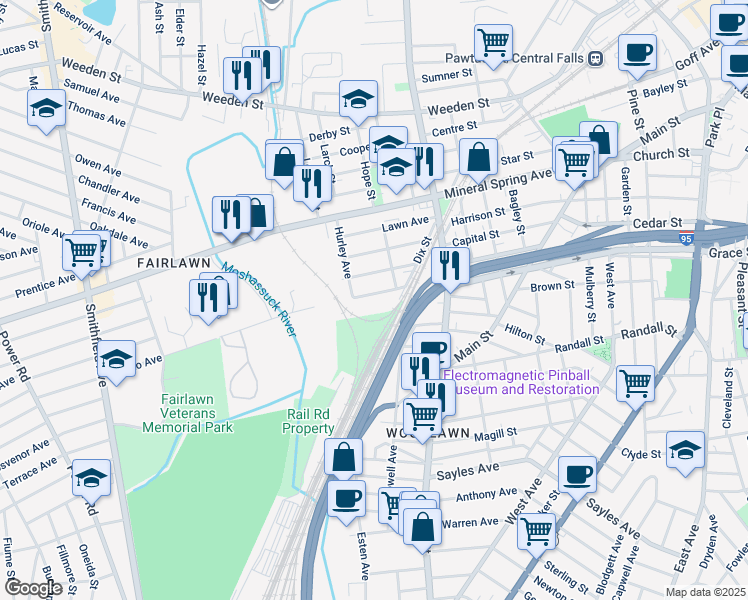 map of restaurants, bars, coffee shops, grocery stores, and more near 40 Grotto Avenue in Pawtucket