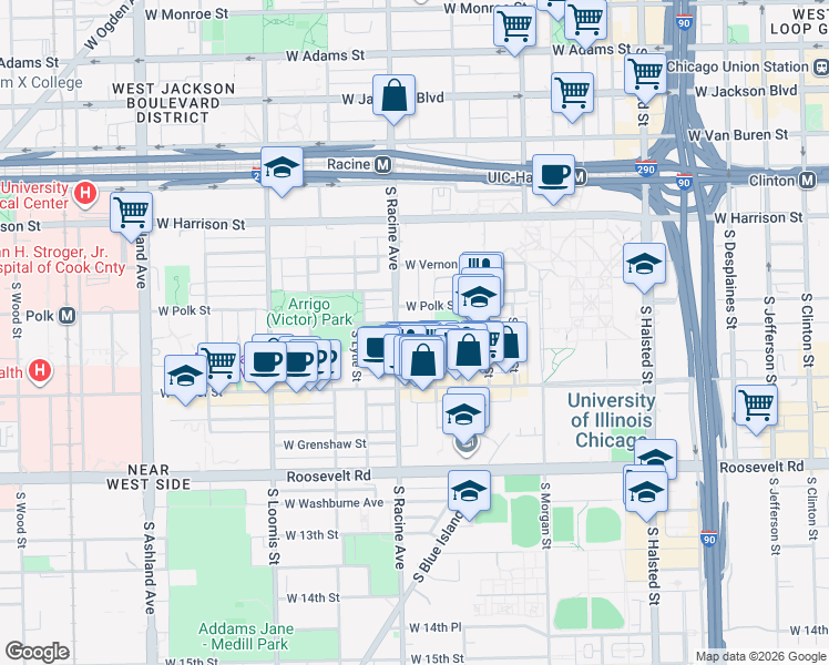 map of restaurants, bars, coffee shops, grocery stores, and more near 826 South May Street in Chicago