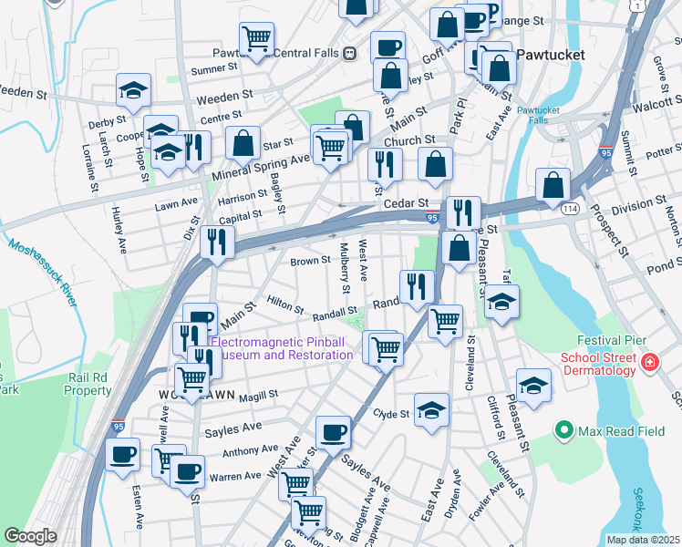 map of restaurants, bars, coffee shops, grocery stores, and more near 147 Mulberry Street in Pawtucket