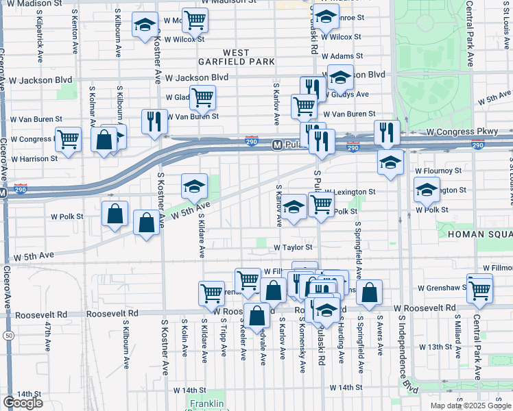 map of restaurants, bars, coffee shops, grocery stores, and more near 752 South Kedvale Avenue in Chicago