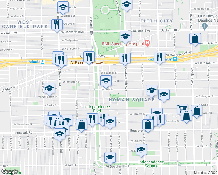 map of restaurants, bars, coffee shops, grocery stores, and more near 3700 West Polk Street in Chicago