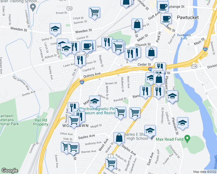 map of restaurants, bars, coffee shops, grocery stores, and more near 8 White Street in Pawtucket