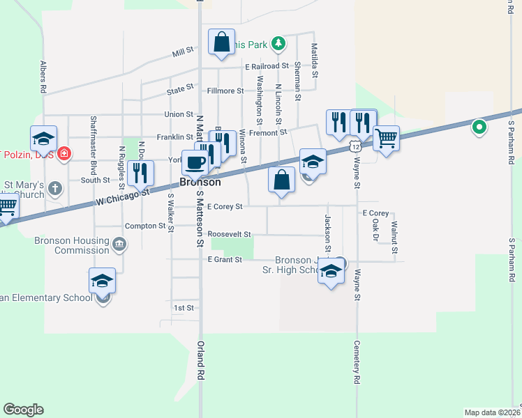 map of restaurants, bars, coffee shops, grocery stores, and more near 218 East Corey Street in Bronson
