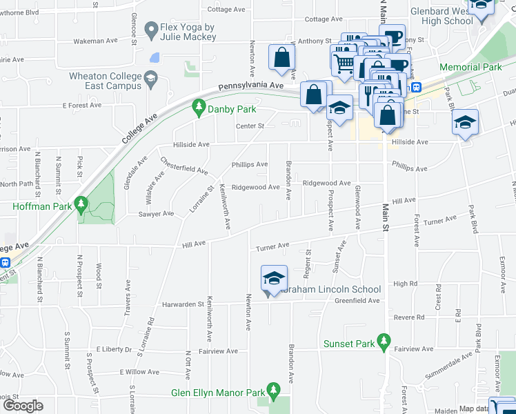 map of restaurants, bars, coffee shops, grocery stores, and more near 360 Hill Avenue in Glen Ellyn