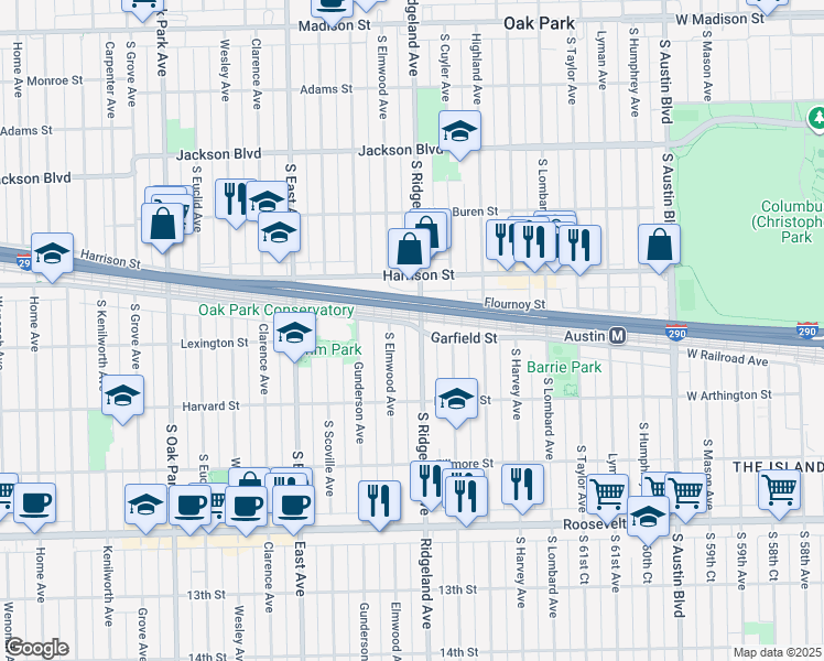 map of restaurants, bars, coffee shops, grocery stores, and more near 947 South Ridgeland Avenue in Oak Park