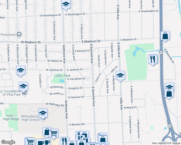 map of restaurants, bars, coffee shops, grocery stores, and more near 1011 South Summit Avenue in Villa Park