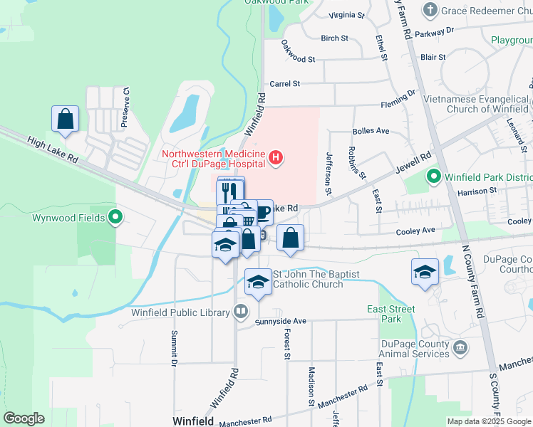 map of restaurants, bars, coffee shops, grocery stores, and more near 33 Church Street in Winfield