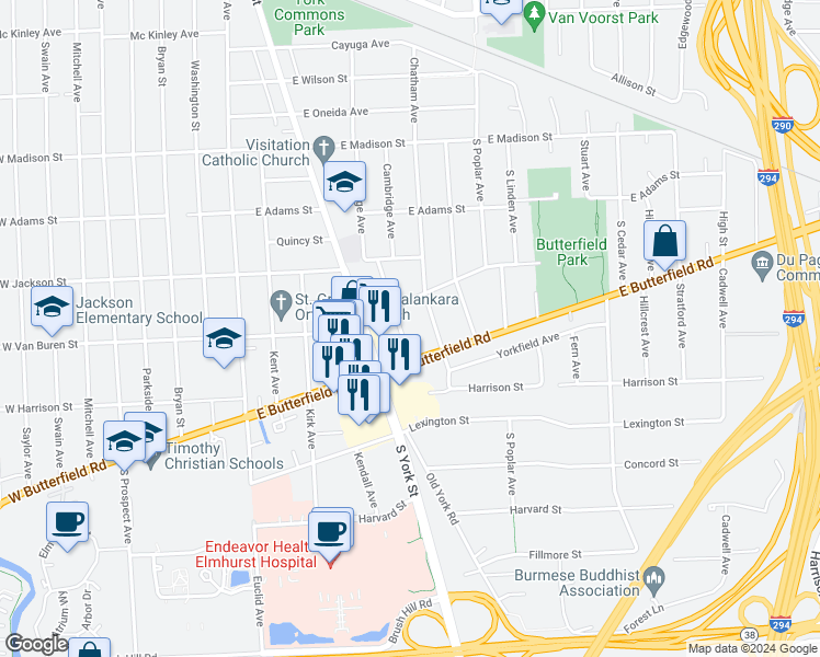 map of restaurants, bars, coffee shops, grocery stores, and more near 923 Cambridge Avenue in Elmhurst