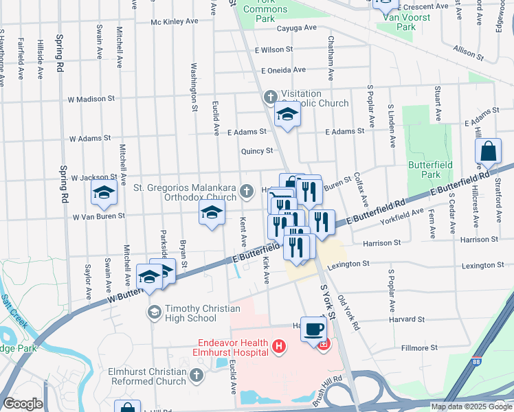 map of restaurants, bars, coffee shops, grocery stores, and more near 147 East Van Buren Street in Elmhurst