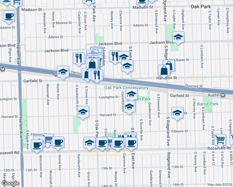 map of restaurants, bars, coffee shops, grocery stores, and more near in Oak Park