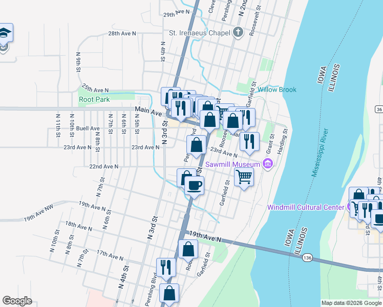map of restaurants, bars, coffee shops, grocery stores, and more near 2221 Pershing Boulevard in Clinton