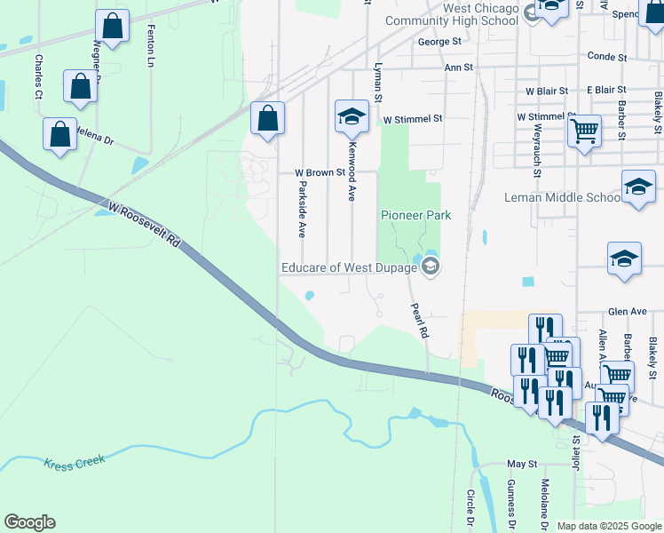 map of restaurants, bars, coffee shops, grocery stores, and more near 843 Lincoln Avenue in West Chicago