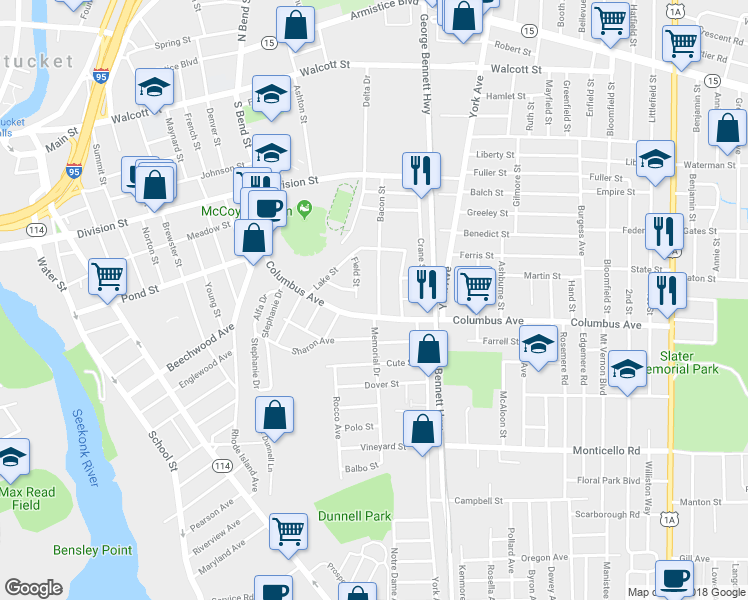 map of restaurants, bars, coffee shops, grocery stores, and more near 121 Bacon Street in Pawtucket