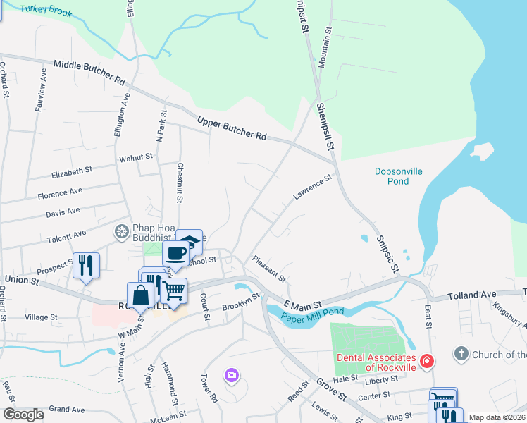 map of restaurants, bars, coffee shops, grocery stores, and more near 11 Webster Street in Vernon