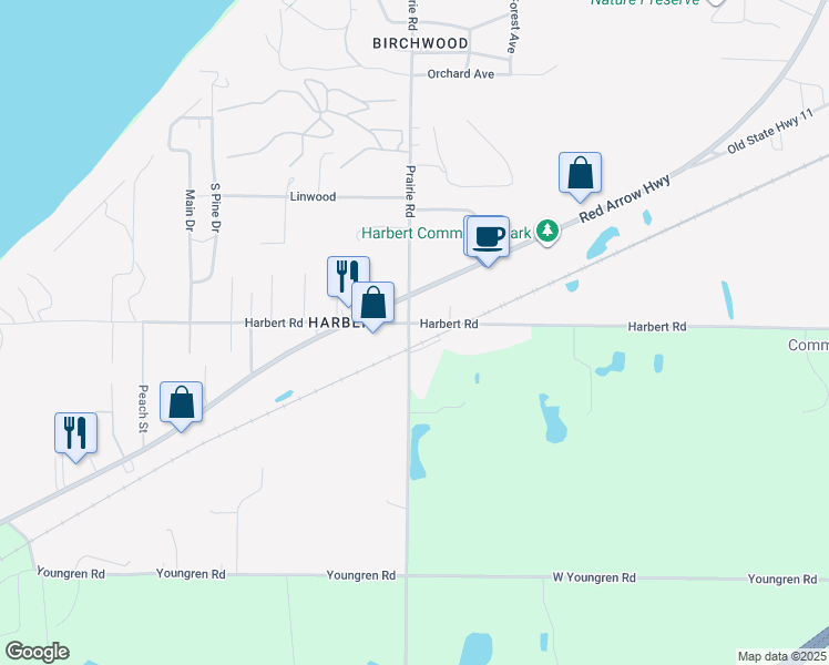 map of restaurants, bars, coffee shops, grocery stores, and more near 13715 Prairie Road in Three Oaks