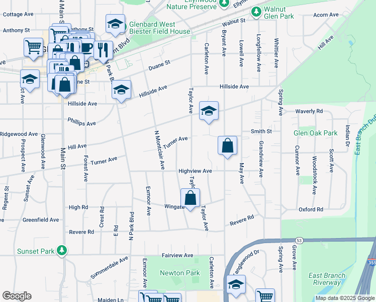 map of restaurants, bars, coffee shops, grocery stores, and more near 316 Taylor Avenue in Glen Ellyn